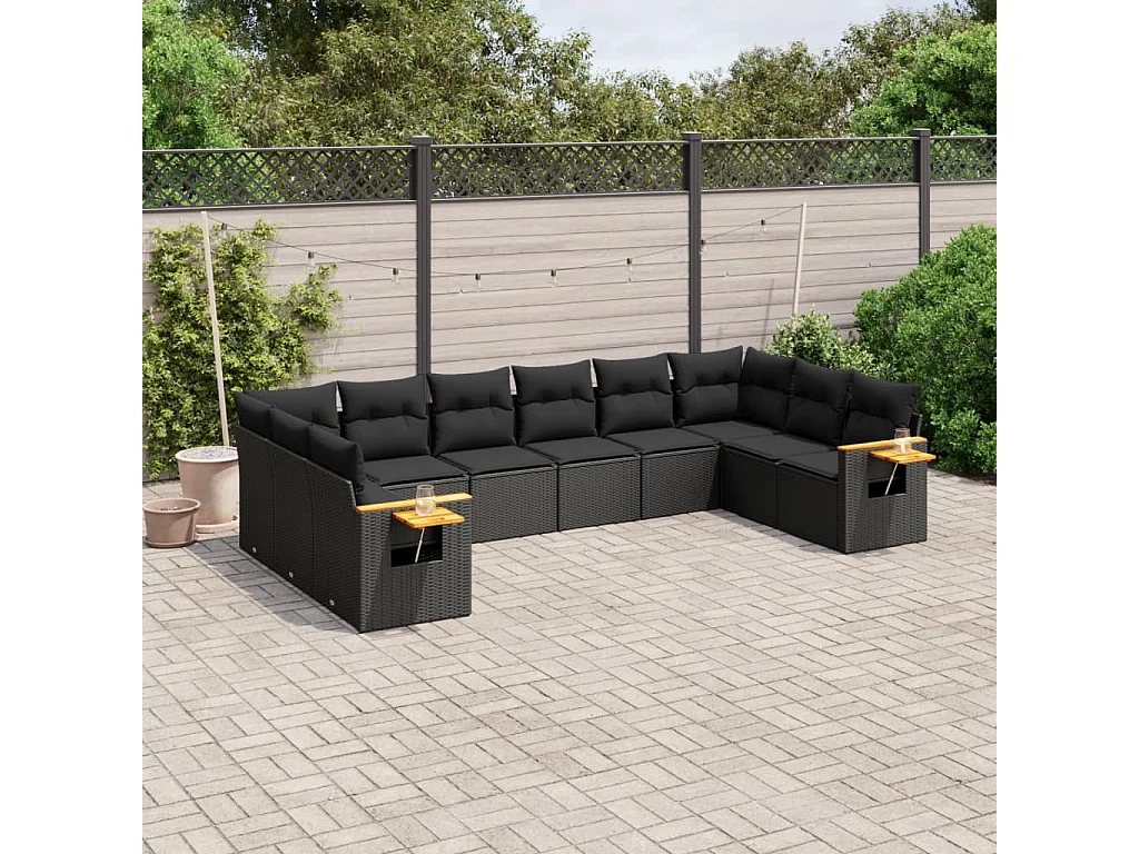 Salon de jardin 10 pièces avec coussins noir résine tressée