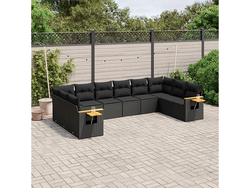 Salon de jardin 10 pièces avec coussins noir résine tressée