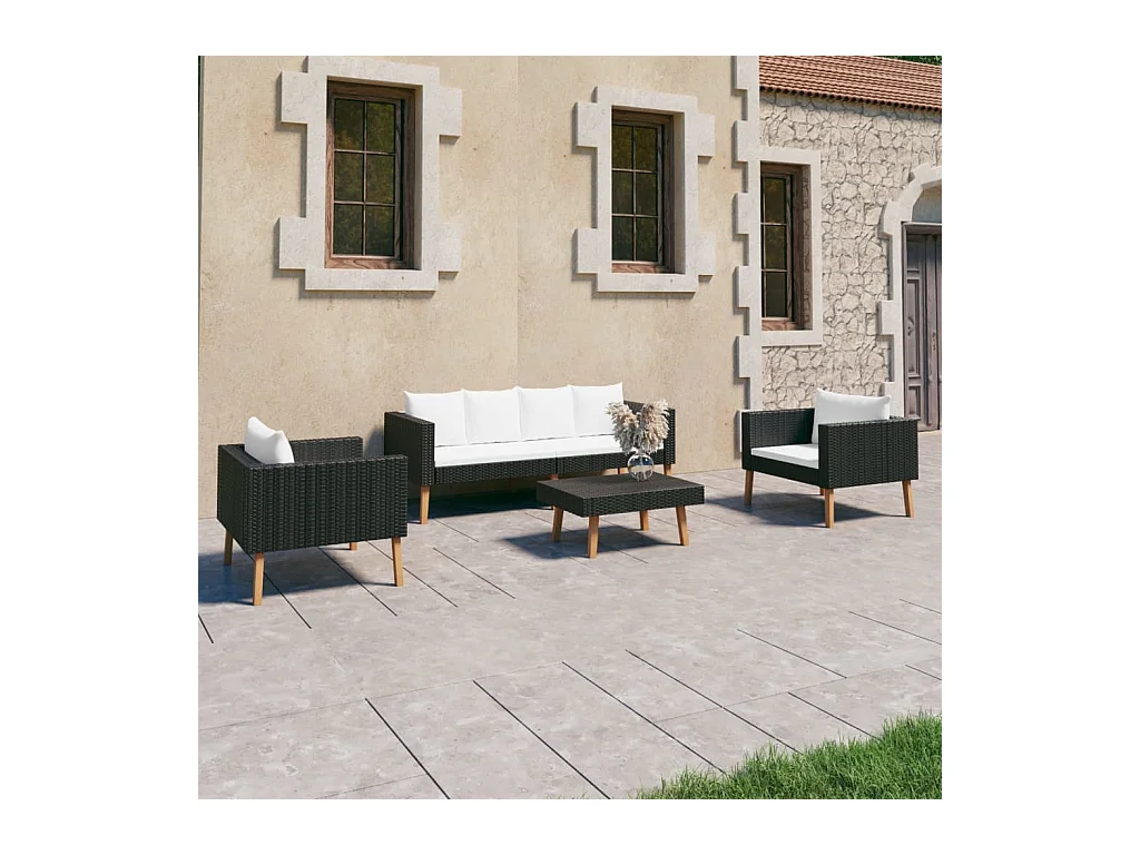4-delige Loungeset met kussens poly rattan zwart