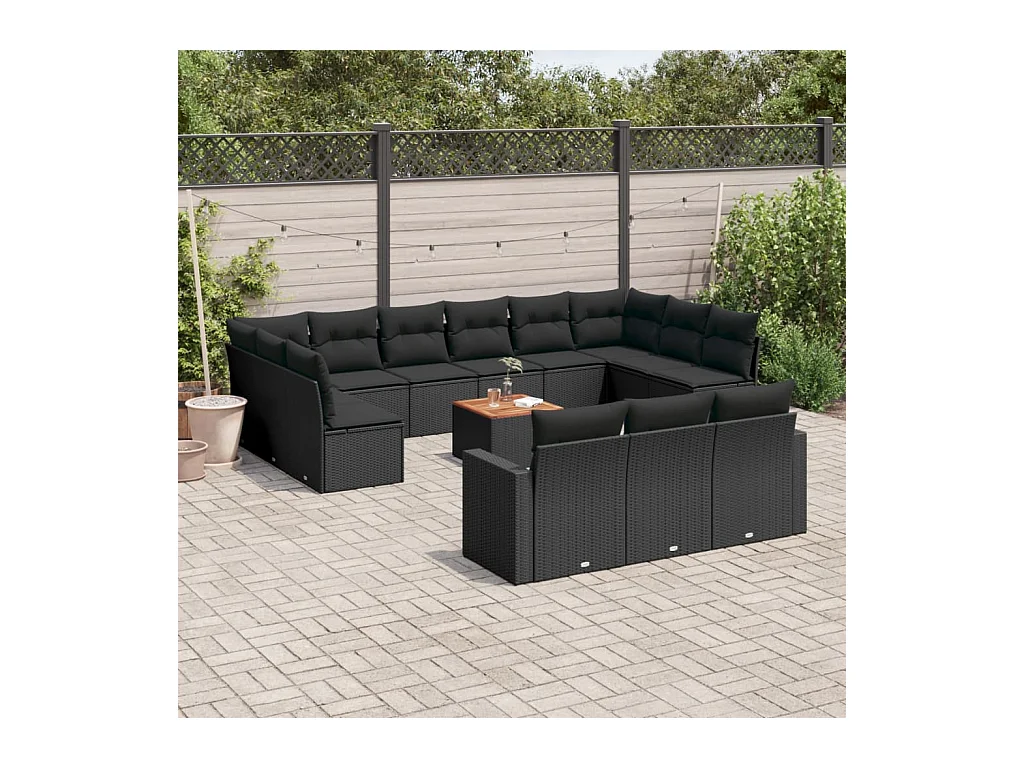 Salon de jardin avec coussins 14 pièces noir résine tressée
