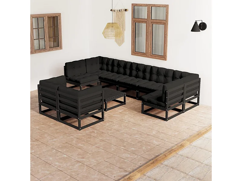 10 peças conjunto lounge jardim c/ almofadões pinho maciço preto