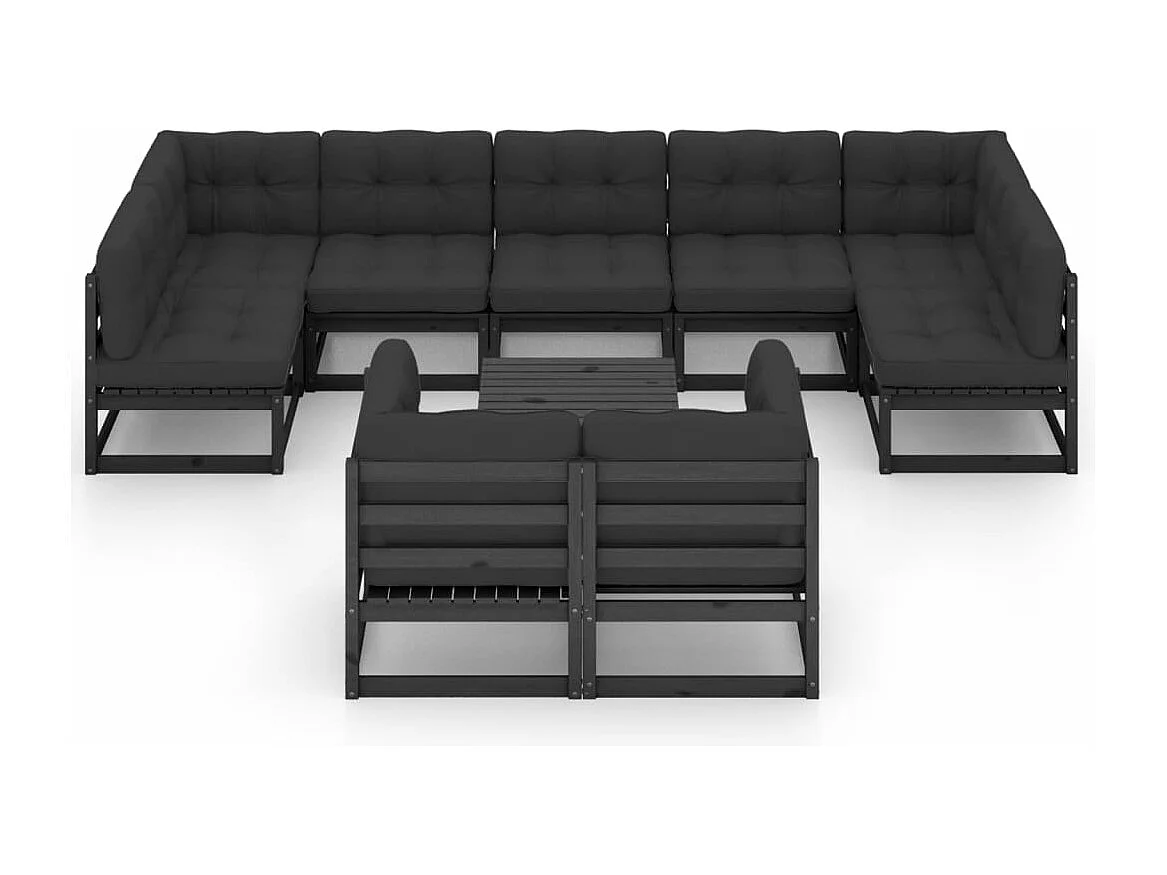 10 peças conjunto lounge jardim c/ almofadões pinho maciço preto