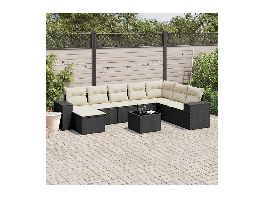 9-delige Loungeset met kussens poly rattan zwart