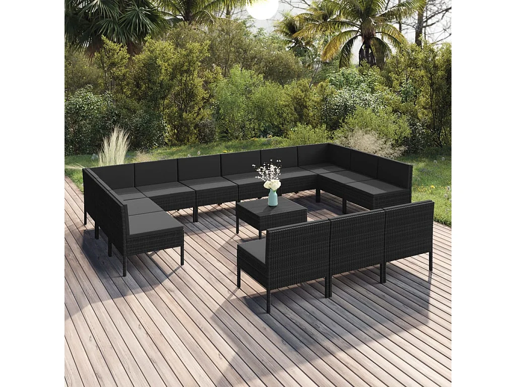Salon de jardin 14 pièces avec coussins Résine tressée Noir