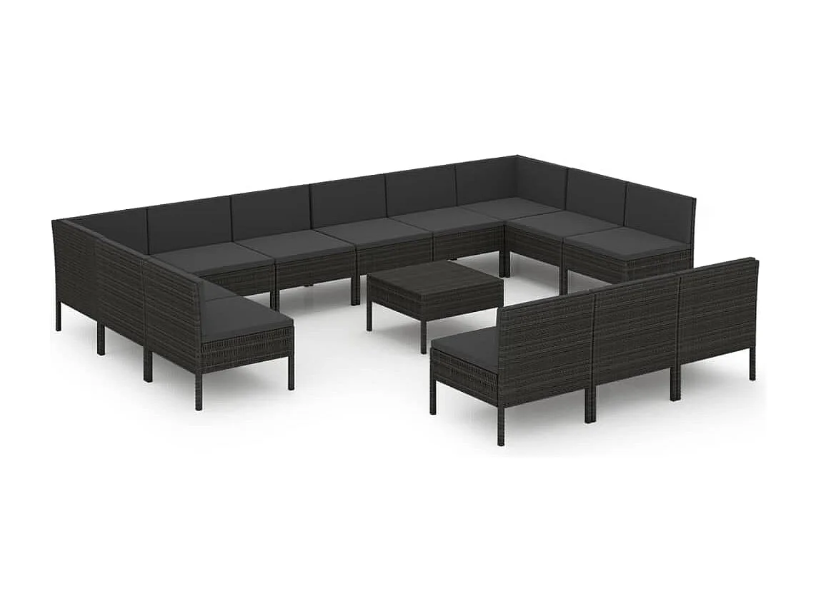 Salon de jardin 14 pièces avec coussins Résine tressée Noir