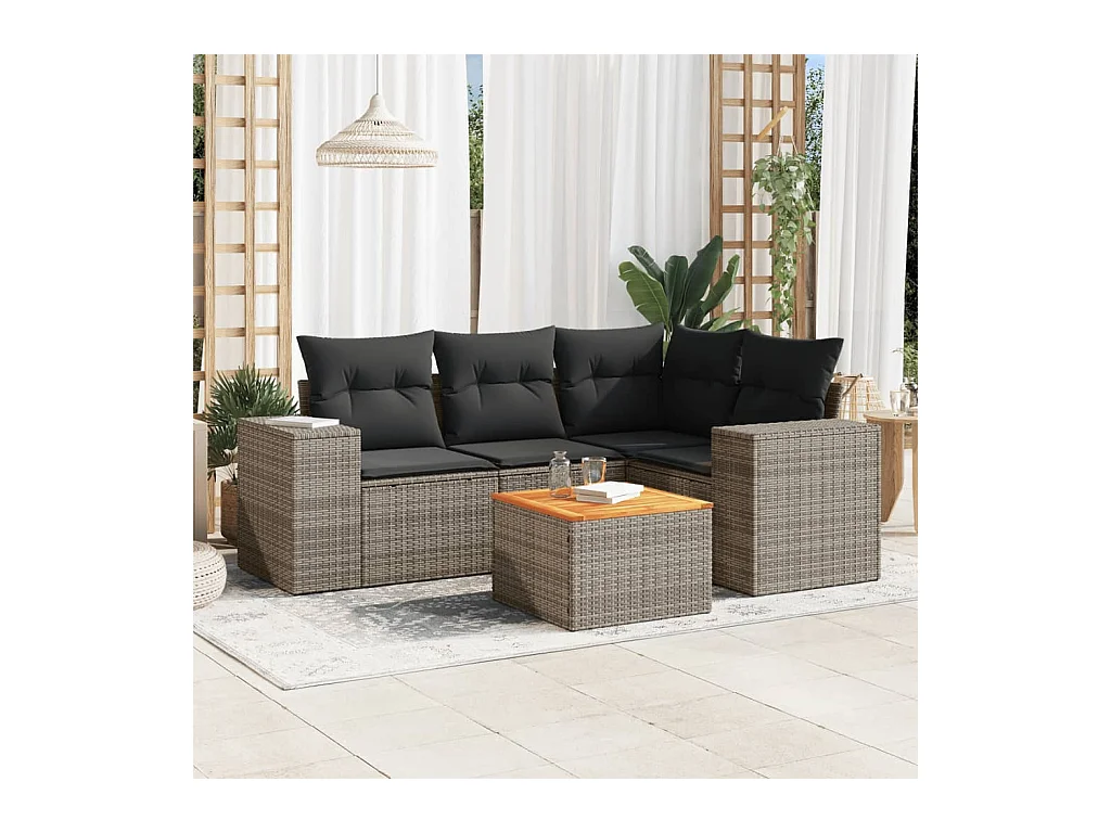 5-delige Loungeset met kussens poly rattan grijs