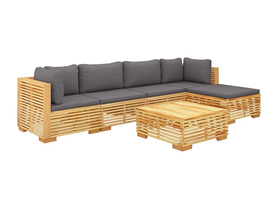 Juego muebles de jardín 6 piezas y cojines madera maciza teca