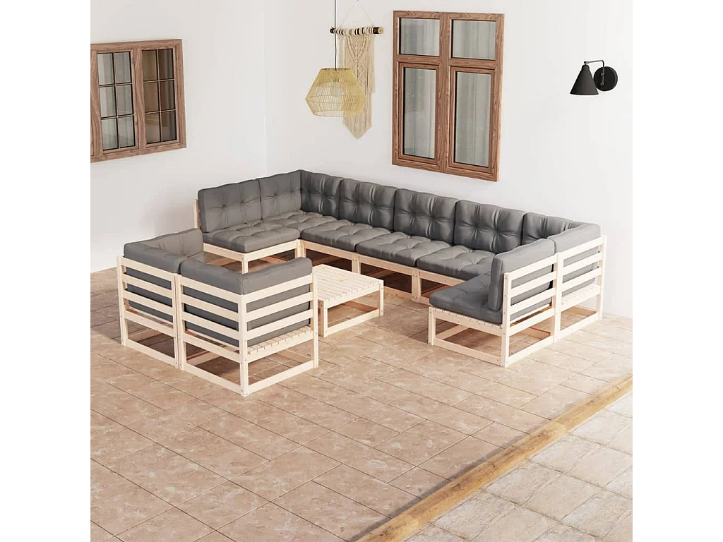 10 peças conjunto lounge de jardim com almofadões pinho maciço