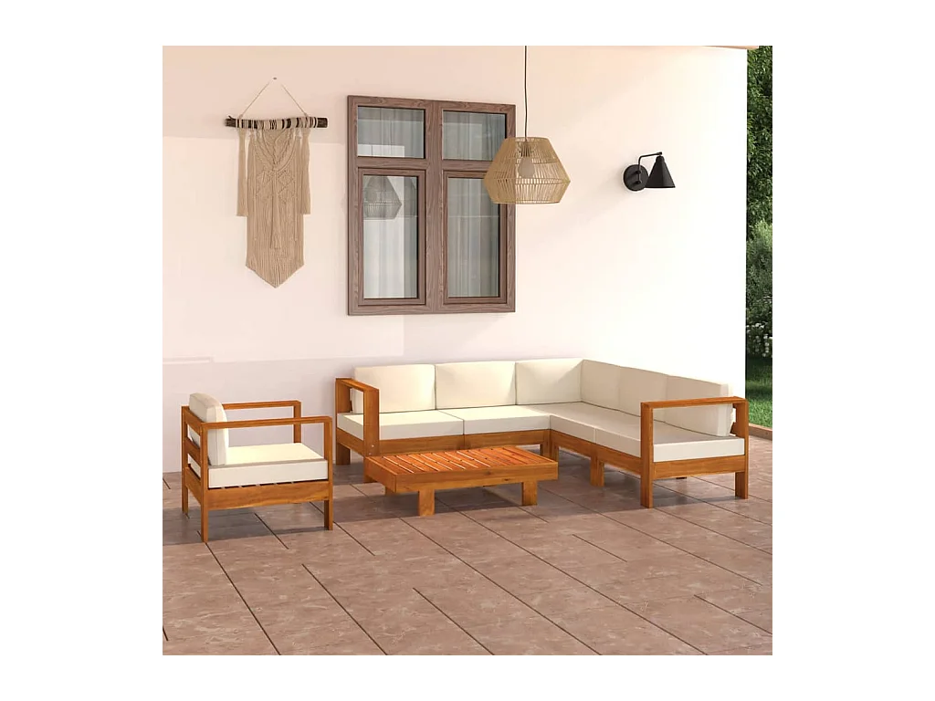 Salon de jardin 7 pièces avec coussins blanc crème Bois d'acacia
