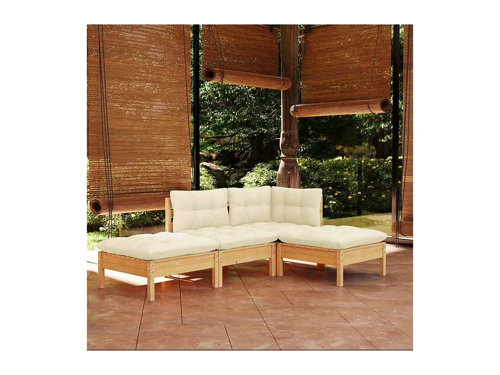 Salon de jardin 4 pièces avec coussins crème bois de pin massif