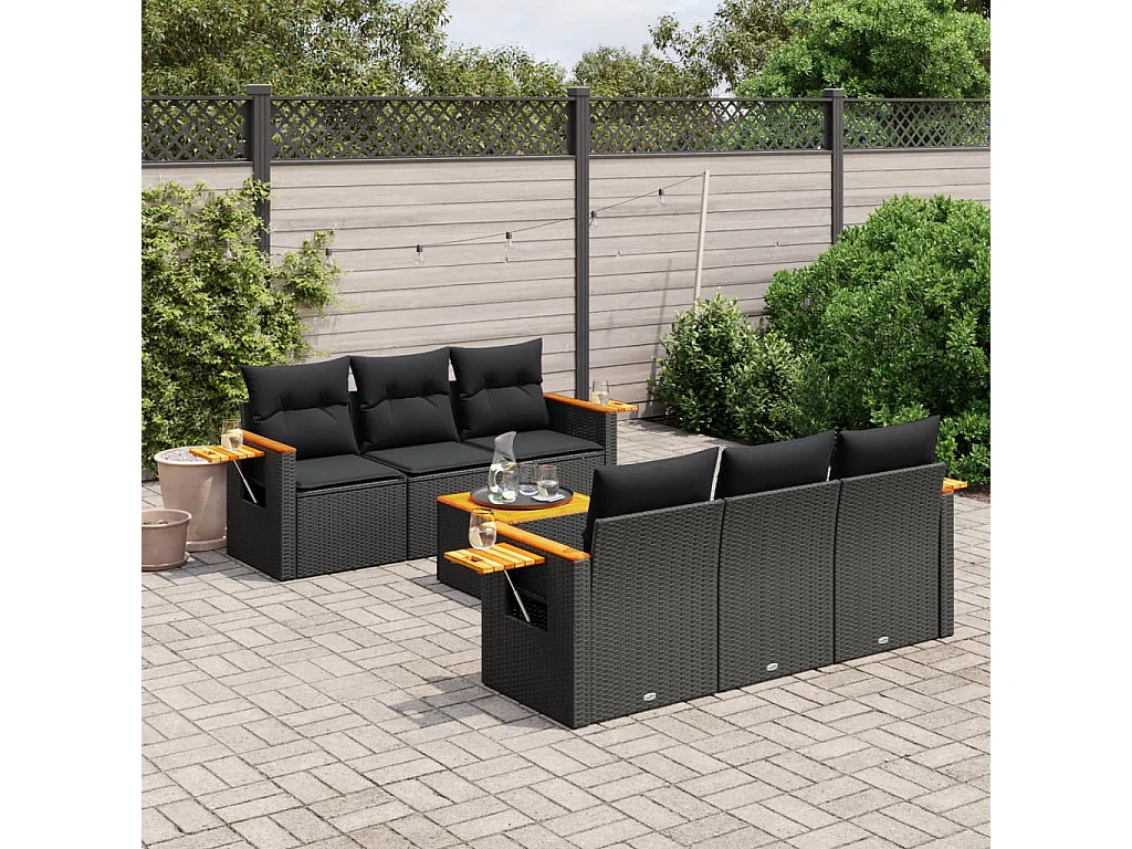 7-delige Loungeset met kussens poly rattan zwart