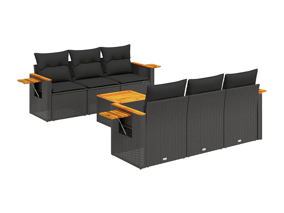 7-delige Loungeset met kussens poly rattan zwart