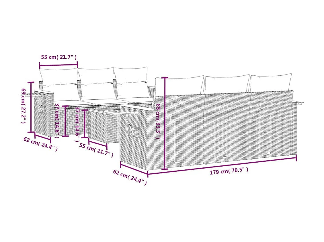 7-delige Loungeset met kussens poly rattan zwart