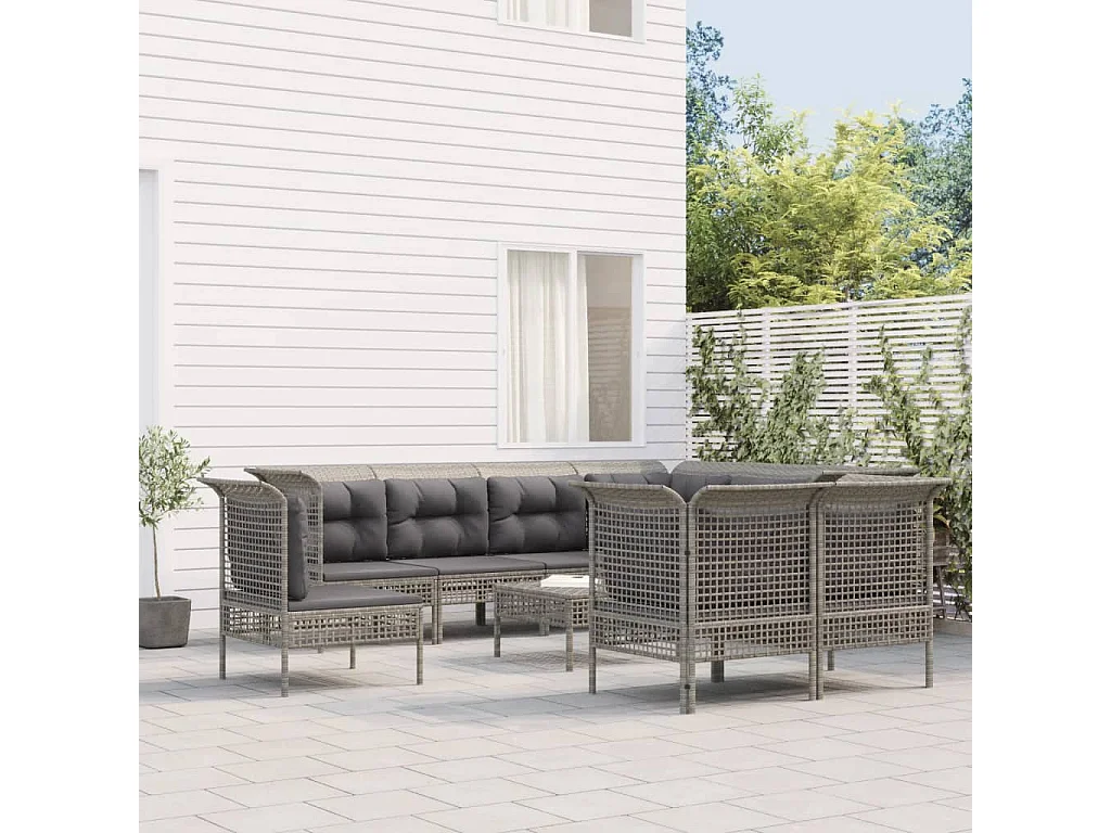 9 peças conjunto lounge de jardim c/ almofadões vime PE cinzento