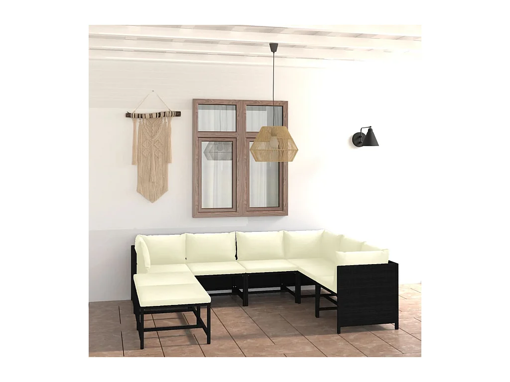 Salon de jardin 8 pièces avec coussins Résine tressée Noir
