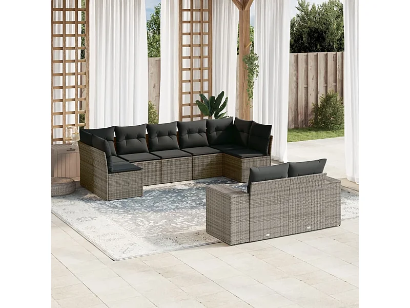 Set de muebles de jardín 9 piezas y cojines ratán sintético gris