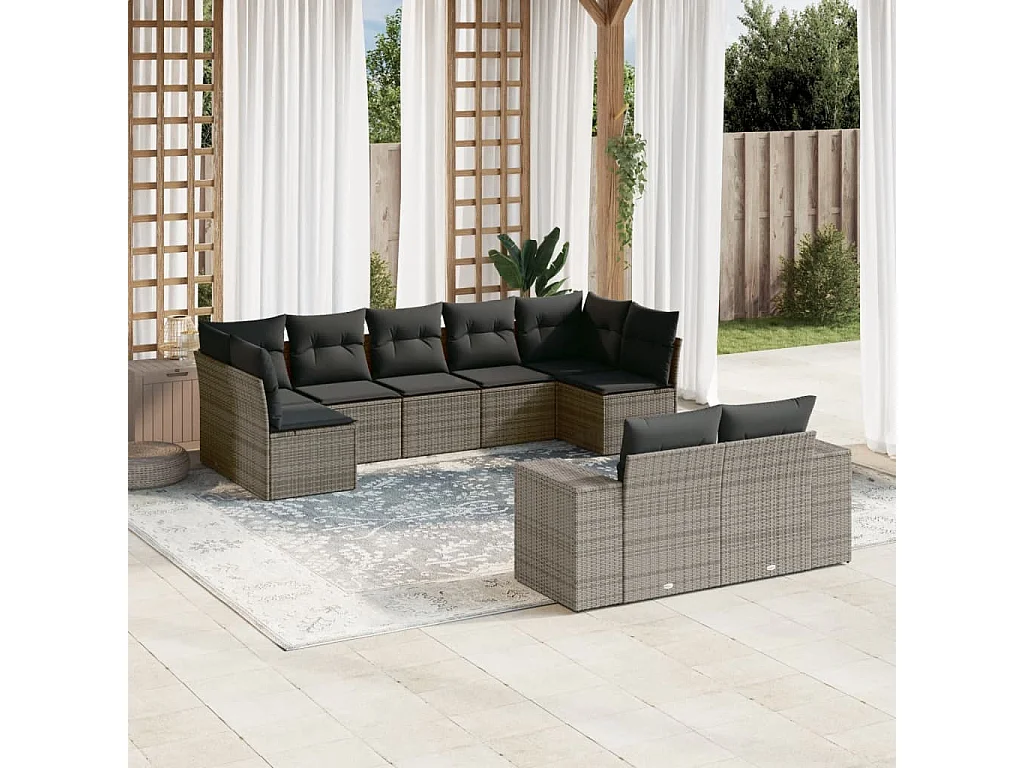 9-delige Loungeset met kussens poly rattan grijs