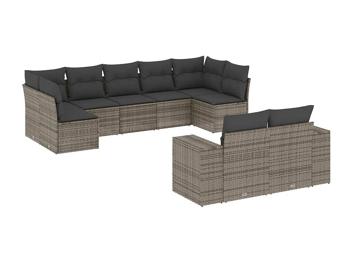 9-delige Loungeset met kussens poly rattan grijs