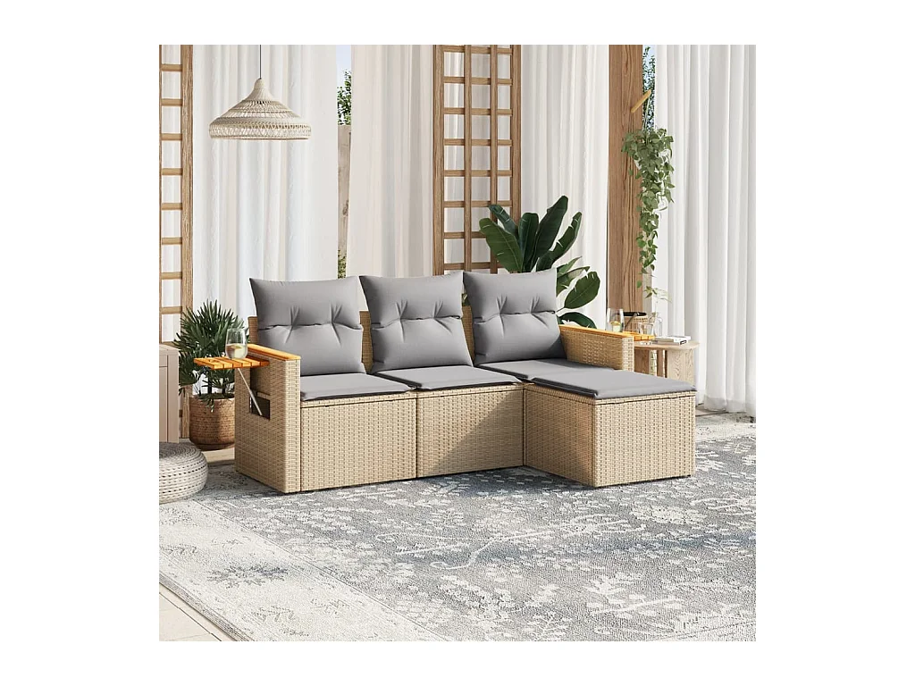 4-delige Loungeset met kussens poly rattan beige