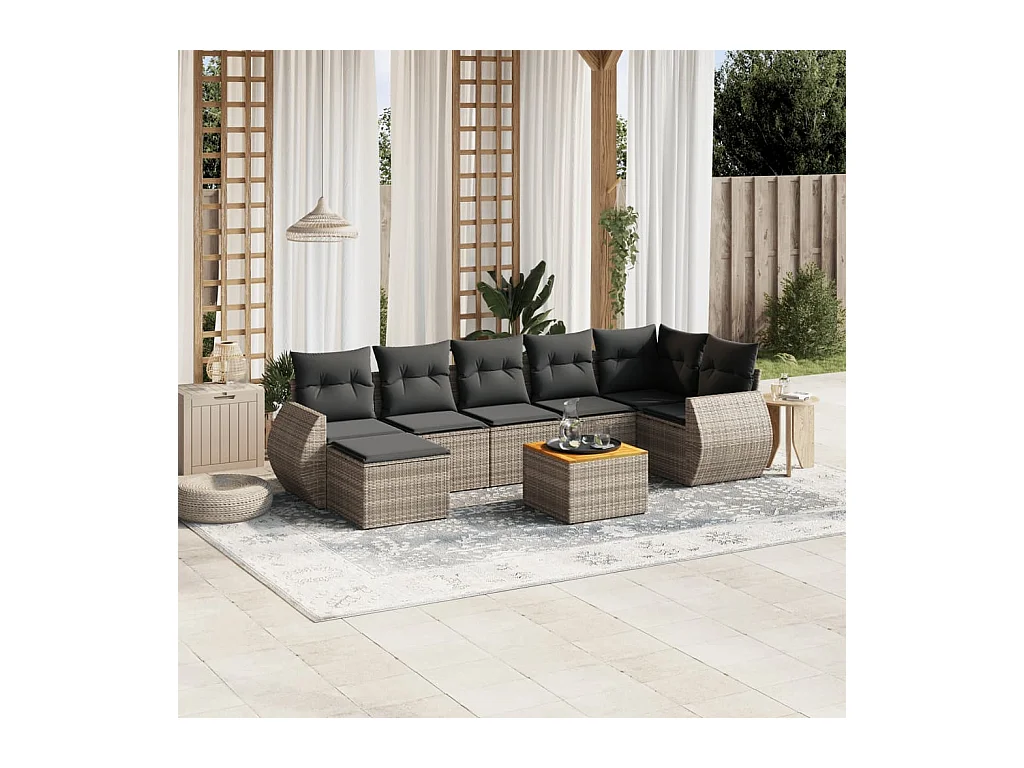 Salon de jardin 8 pièces avec coussins gris résine tressée