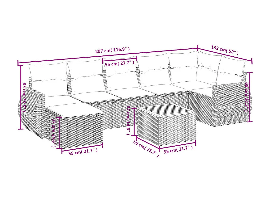 Set de sofás de jardín 8 piezas y cojines ratán sintético gris
