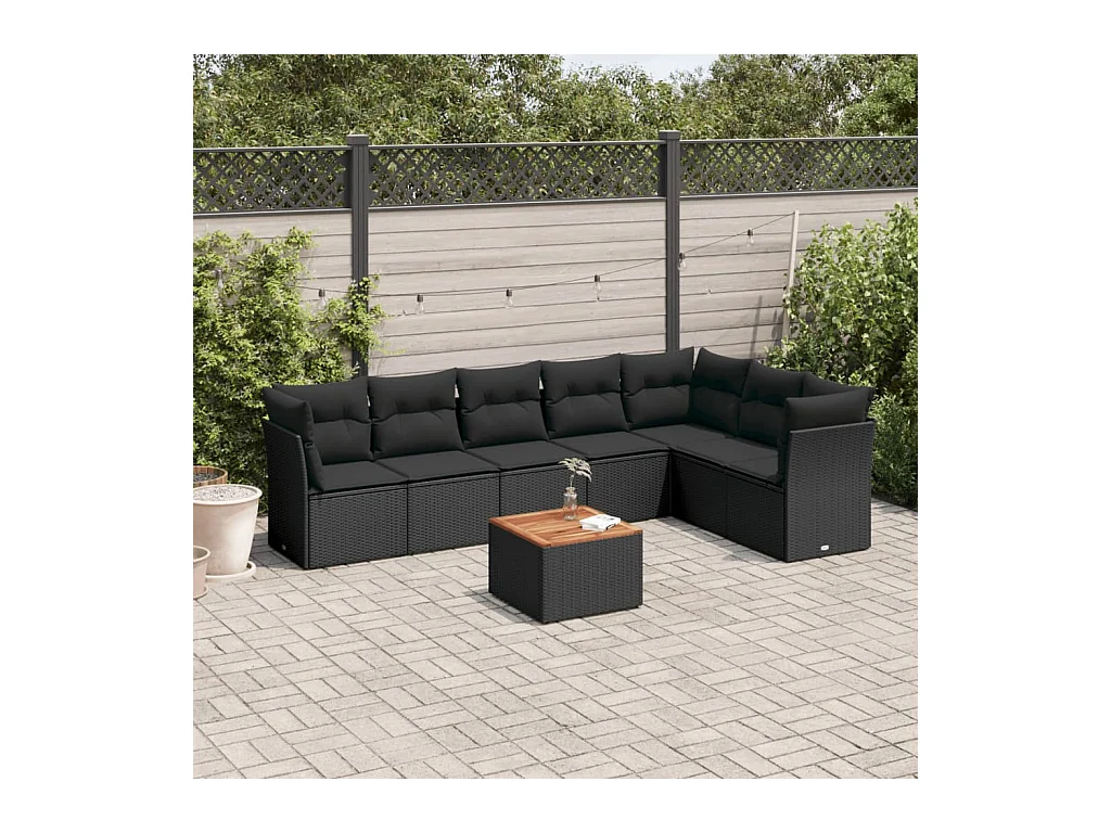 Salon de jardin 8 pièces avec coussins noir résine tressée