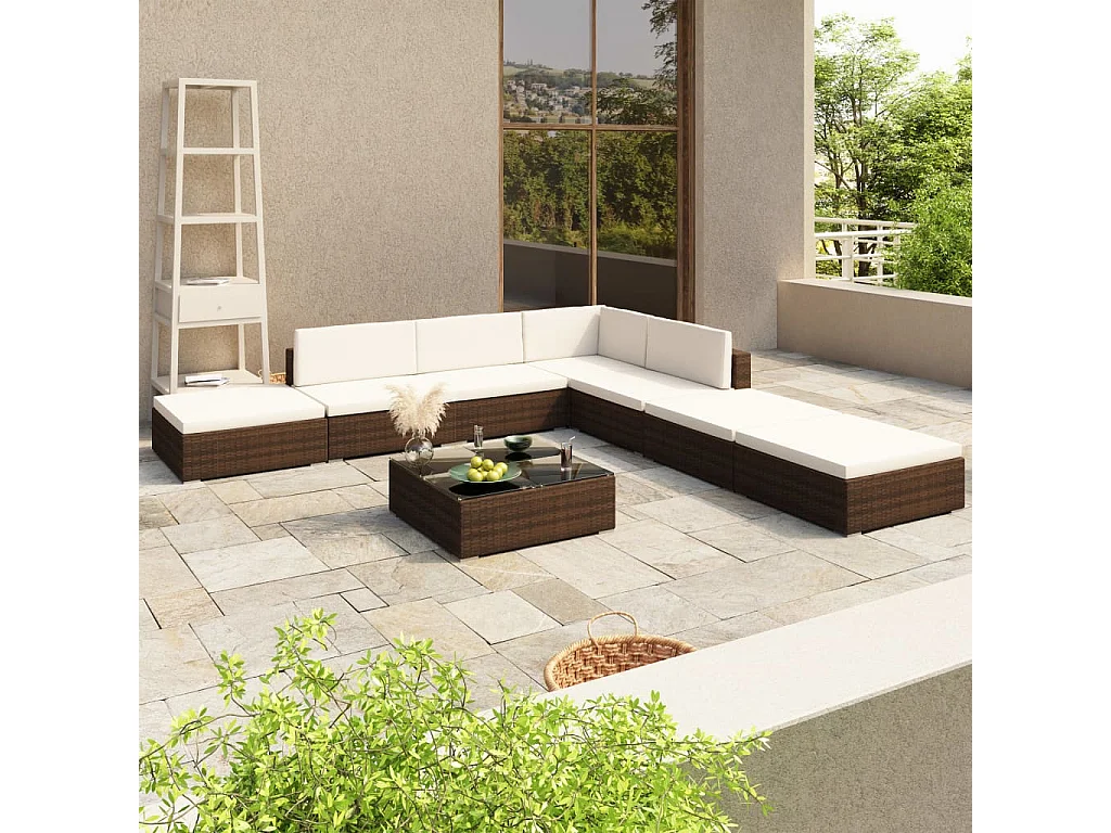 8-delige Loungeset met kussens poly rattan bruin