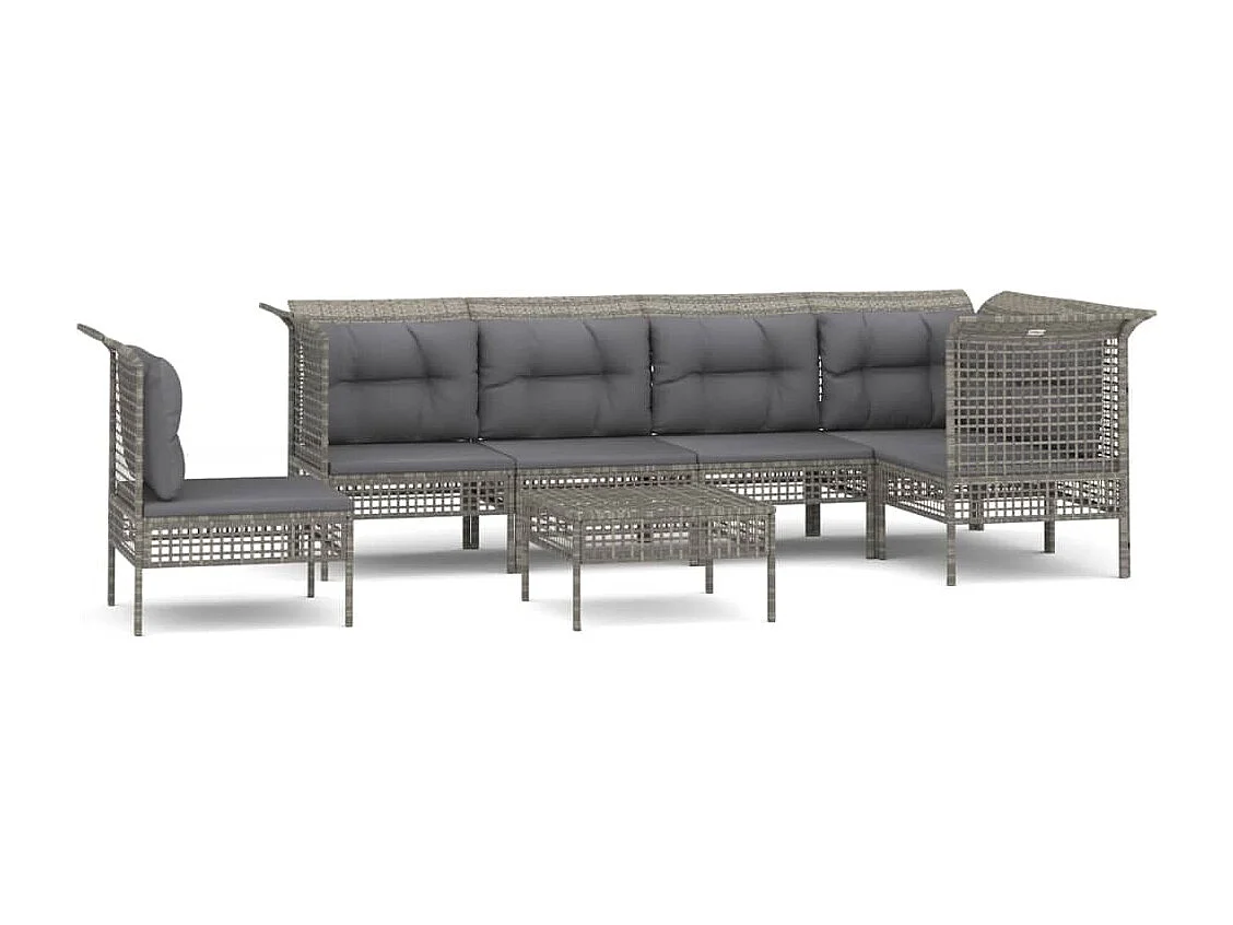 Set de muebles de jardín 7 piezas y cojines ratán sintético gris