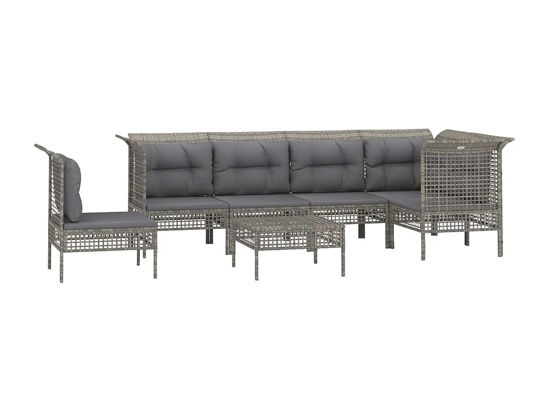 Set de muebles de jardín 7 piezas y cojines ratán sintético gris
