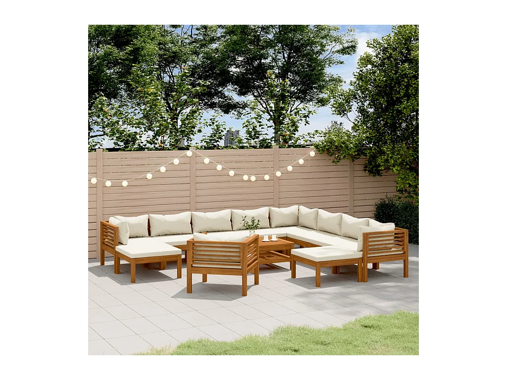 Salon de jardin 12 pièces avec coussin crème Bois d'acacia solide