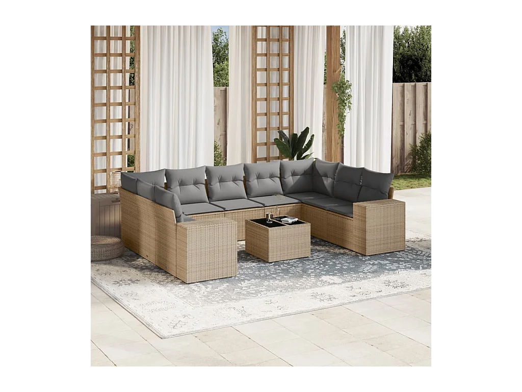 10-delige Loungeset met kussens poly rattan beige