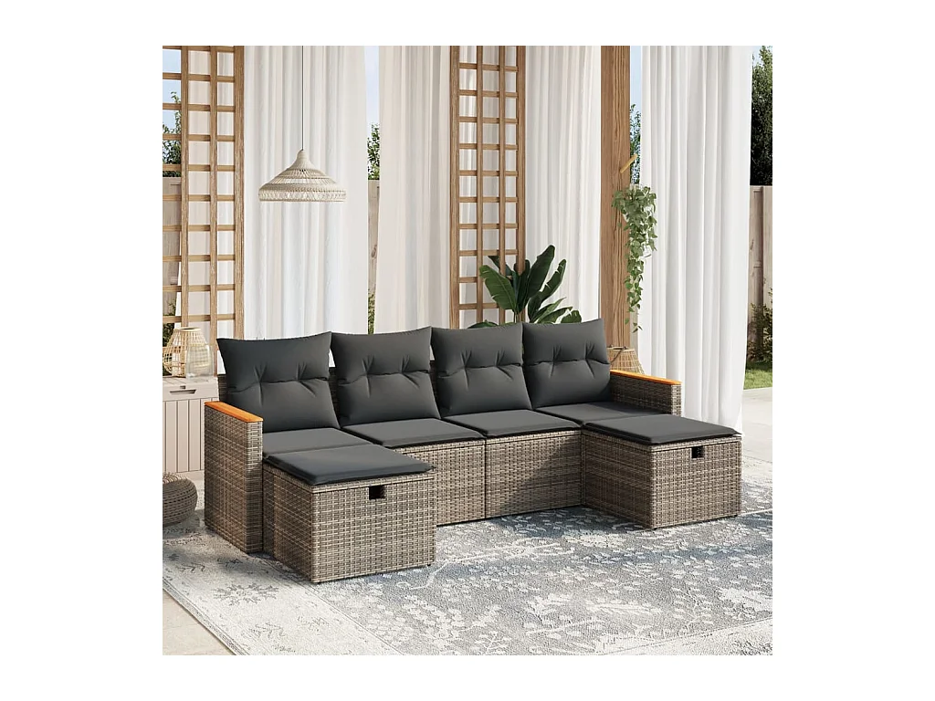 Salon de jardin 6 pièces avec coussins gris résine tressée