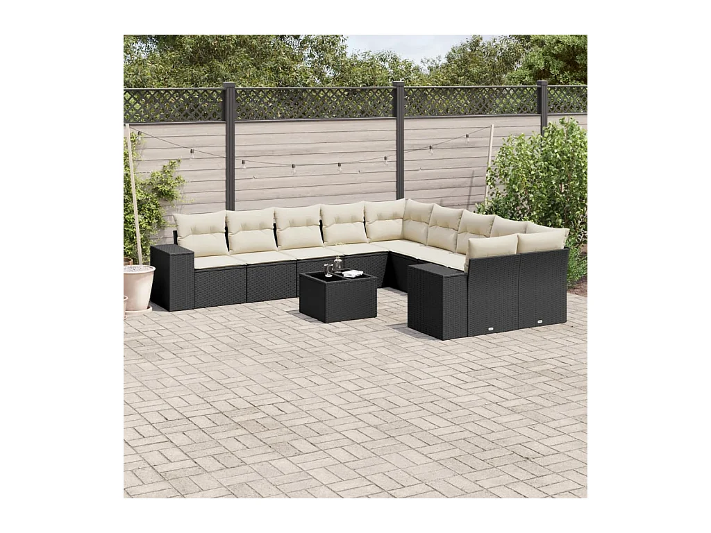 Salon de jardin 11 pièces avec coussins noir résine tressée