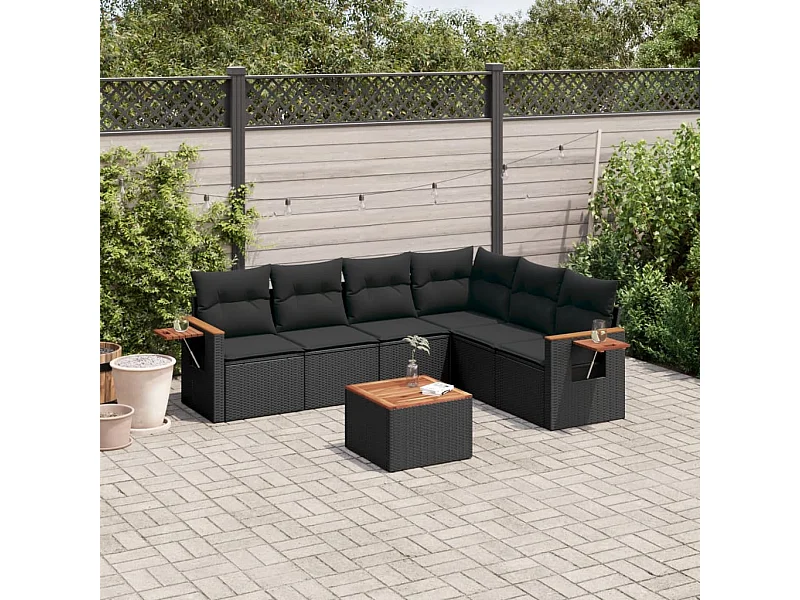 Set de comedor de jardín 7 piezas y cojines ratán sintético negro