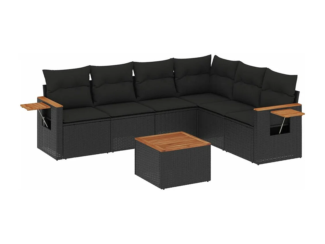 Salon de jardin 7 pièces avec coussins noir résine tressée