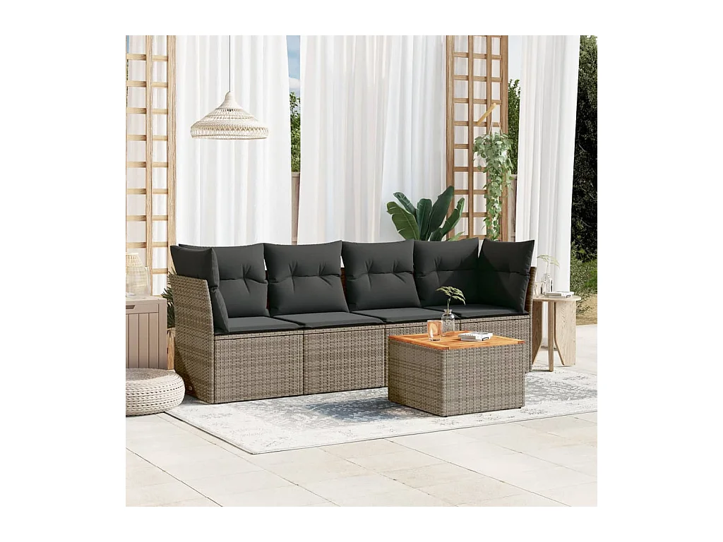 5 peças conjunto sofás de jardim c/ almofadões vime PE cinzento