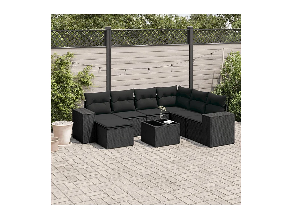 8-delige Loungeset met kussens poly rattan zwart