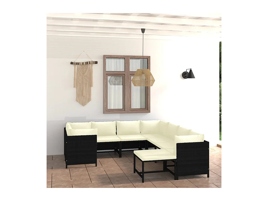 Salon de jardin 9 pièces avec coussins Résine tressée Noir