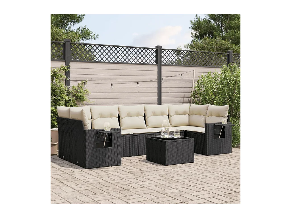 Salon de jardin 8 pièces avec coussins noir résine tressée