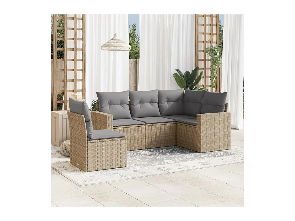 5 peças conjunto de sofás p/ jardim com almofadões vime PE bege