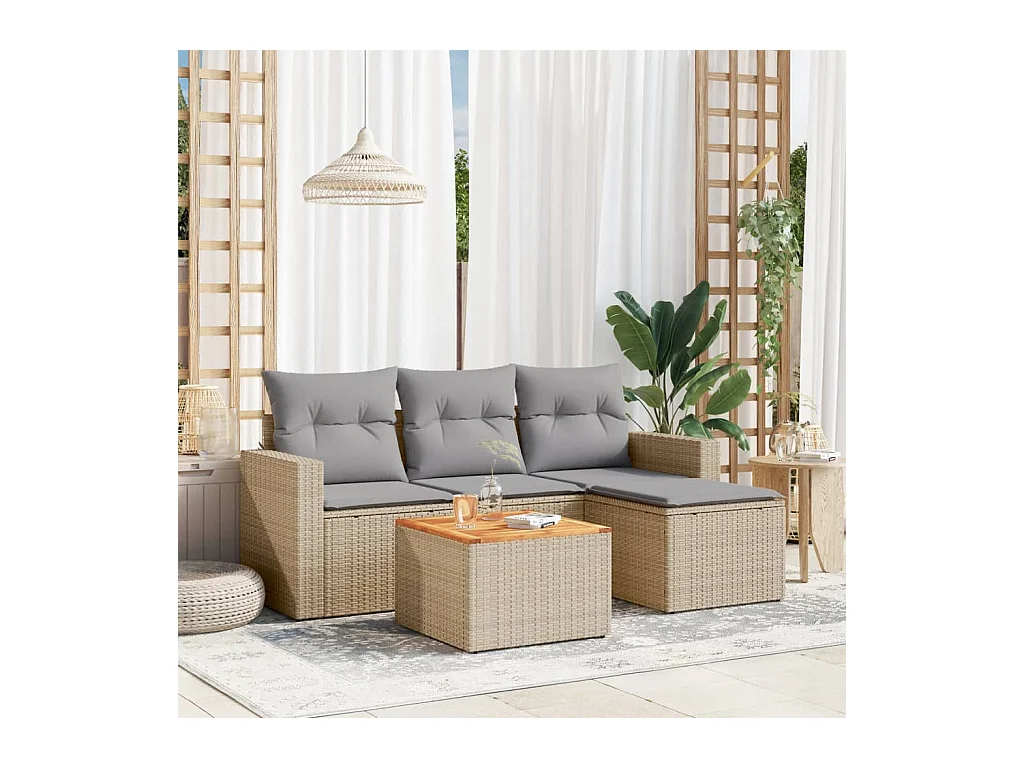Salon de jardin avec coussins 5 pièces beige résine tressée