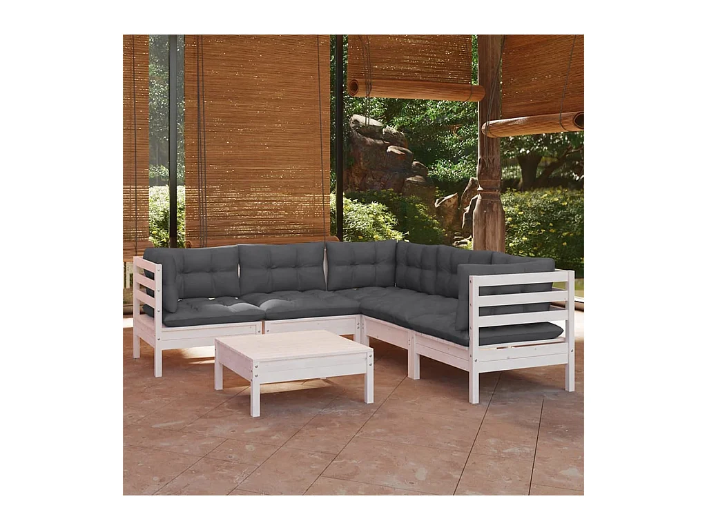 Salon de jardin 6 pièces avec coussins blanc bois de pin solide
