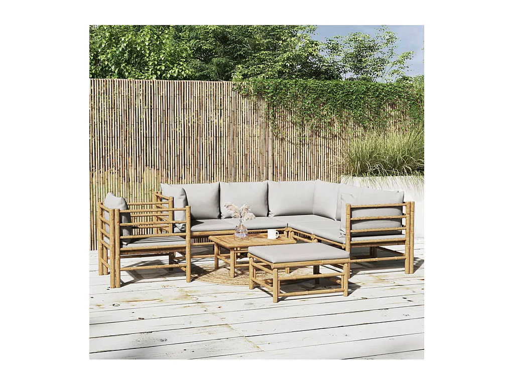 Salon de jardin 8 pièces avec coussins gris clair bambou