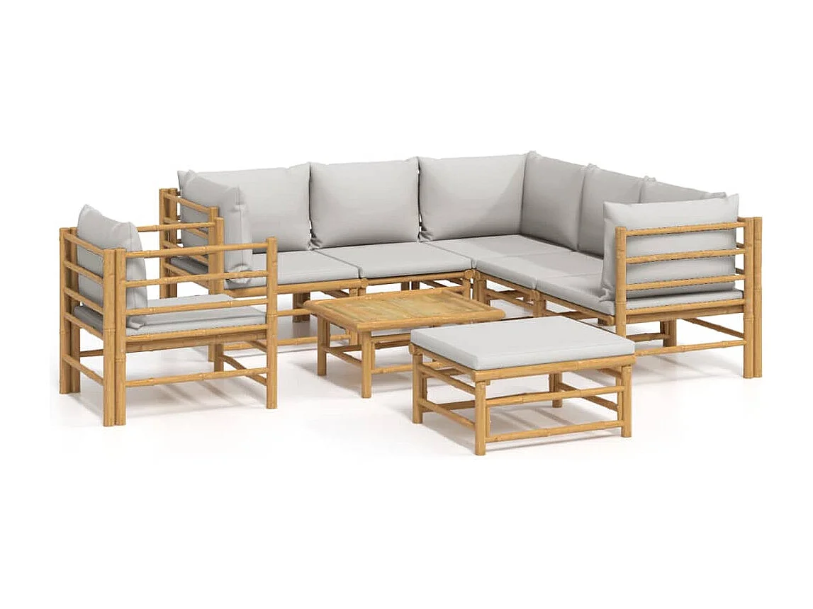 Salon de jardin 8 pièces avec coussins gris clair bambou