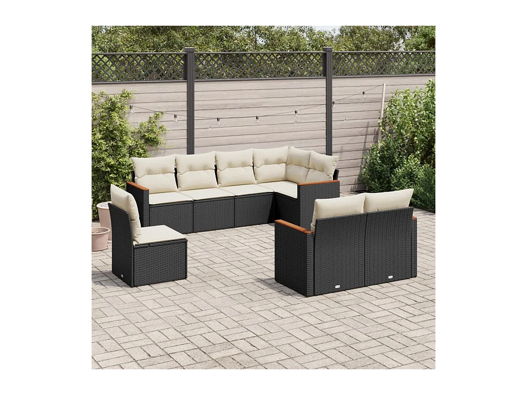 8-delige Loungeset met kussens poly rattan zwart