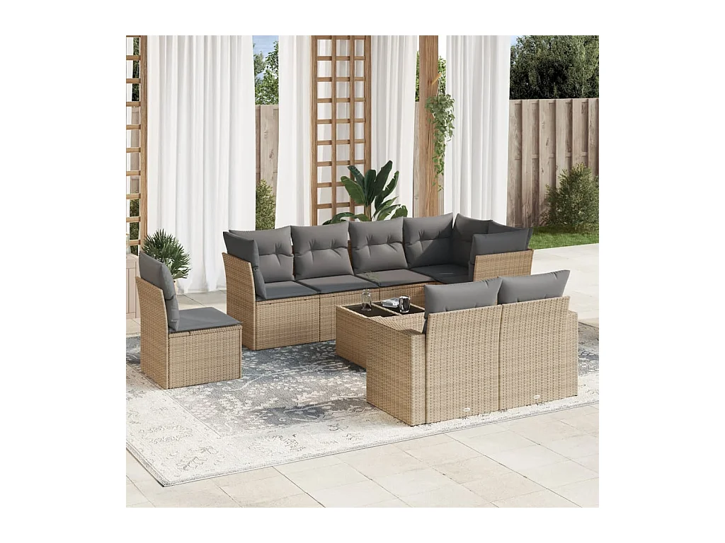 Salon de jardin avec coussins 9 pièces beige résine tressée