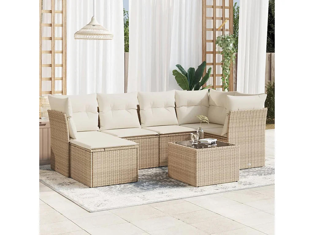 Set sofás de jardín 7 piezas y cojines ratán sintético beige