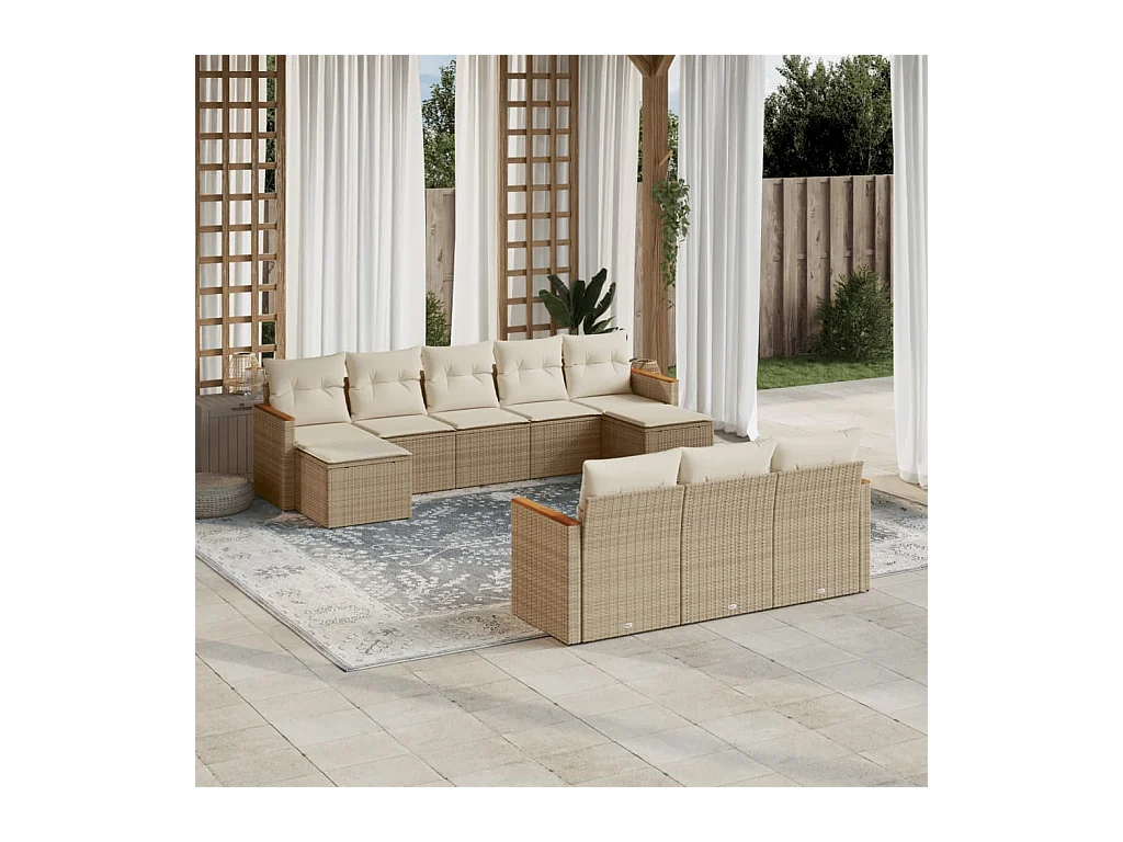 Salon de jardin avec coussins 10 pièces beige résine tressée