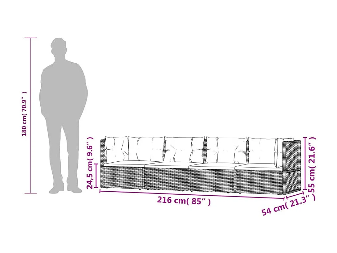 4-delige Loungeset met kussens poly rattan grijs