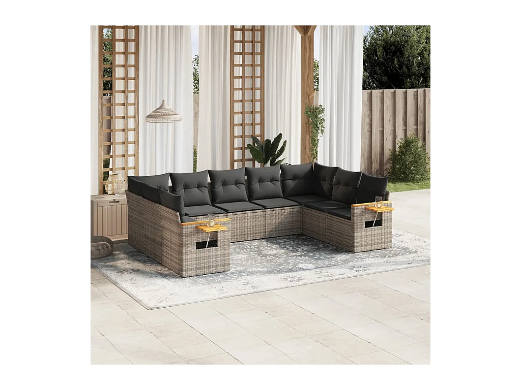 9 peças conjunto sofás p/ jardim com almofadões vime PE cinzento